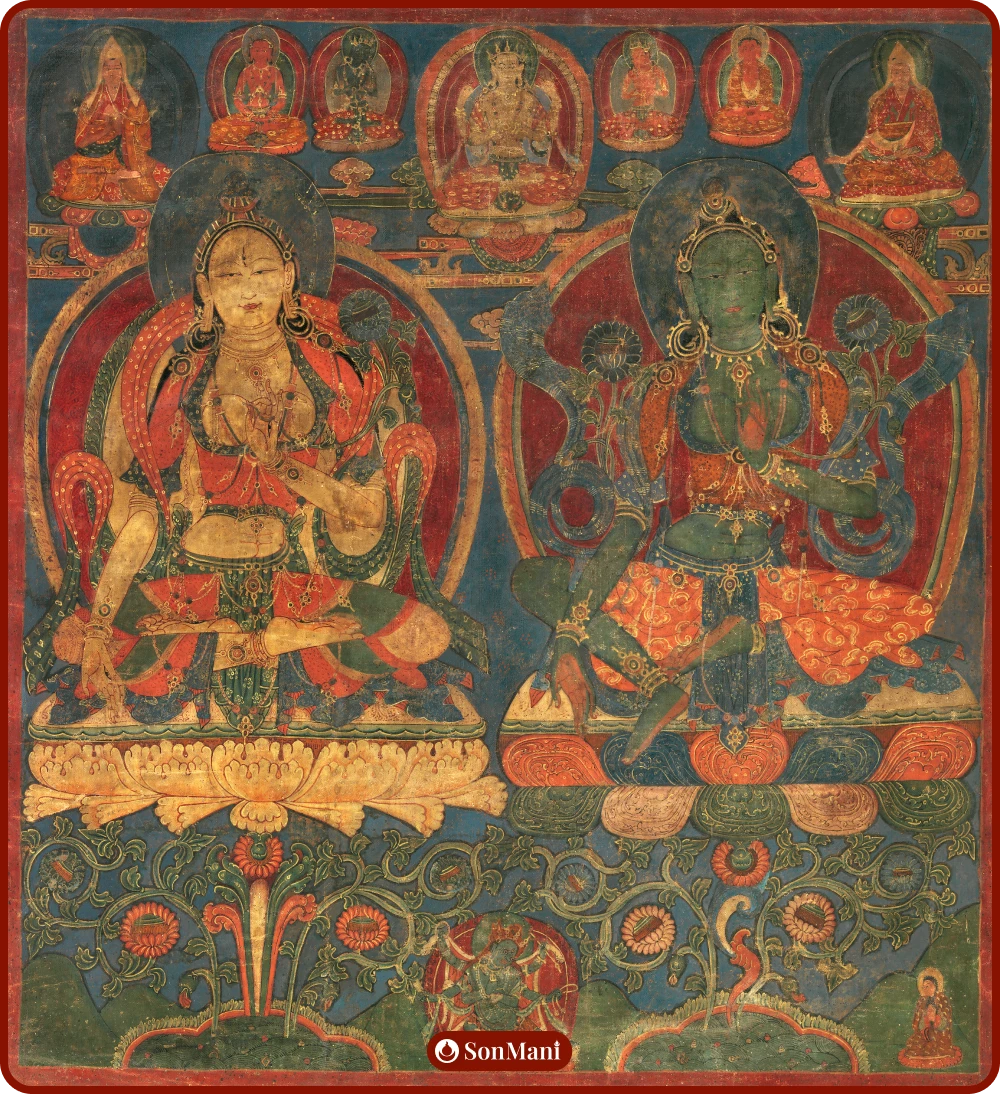 White Tara and Green Tara thangka painting on canvas