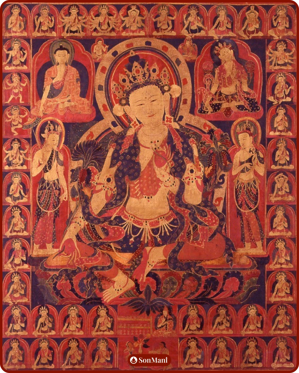 Painting of 21 Taras on canvas, from Tibet. 21 deities in both Suryagupta and Atisha lineage are depicted in the same thangka. On either side of the main deity are Shakyamuni Buddha and White Tara.