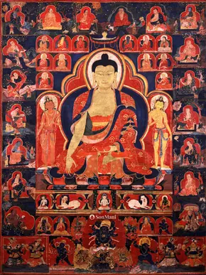 Shakyamuni Buddha surrounded by the Sixteen Great Arhats.