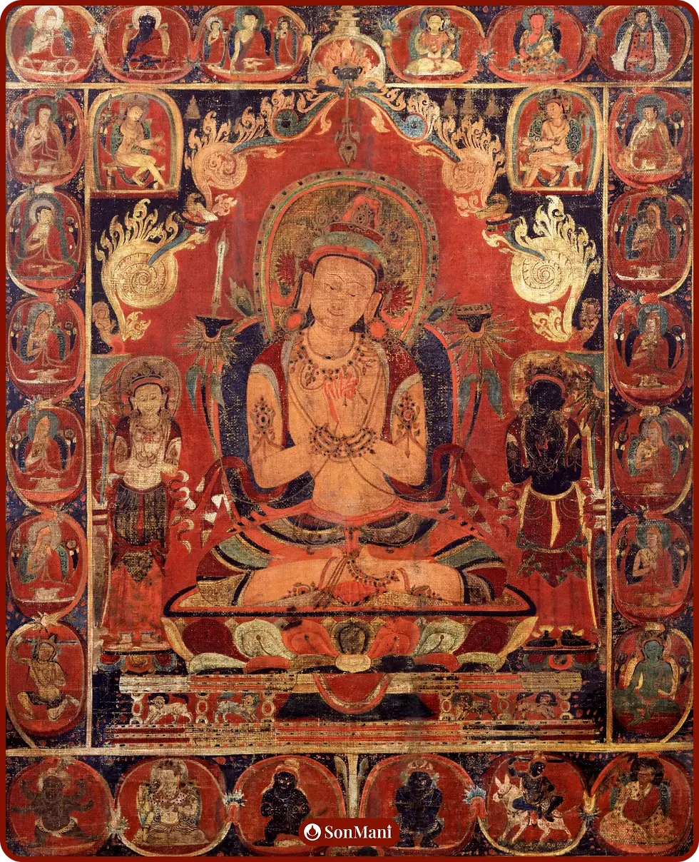 Tibetan thangka of a golden Manjushri displaying dharmachakra mudra and holding two lotuses, supporting emblems of the flaming sword and Prajnaparamita Sutra.