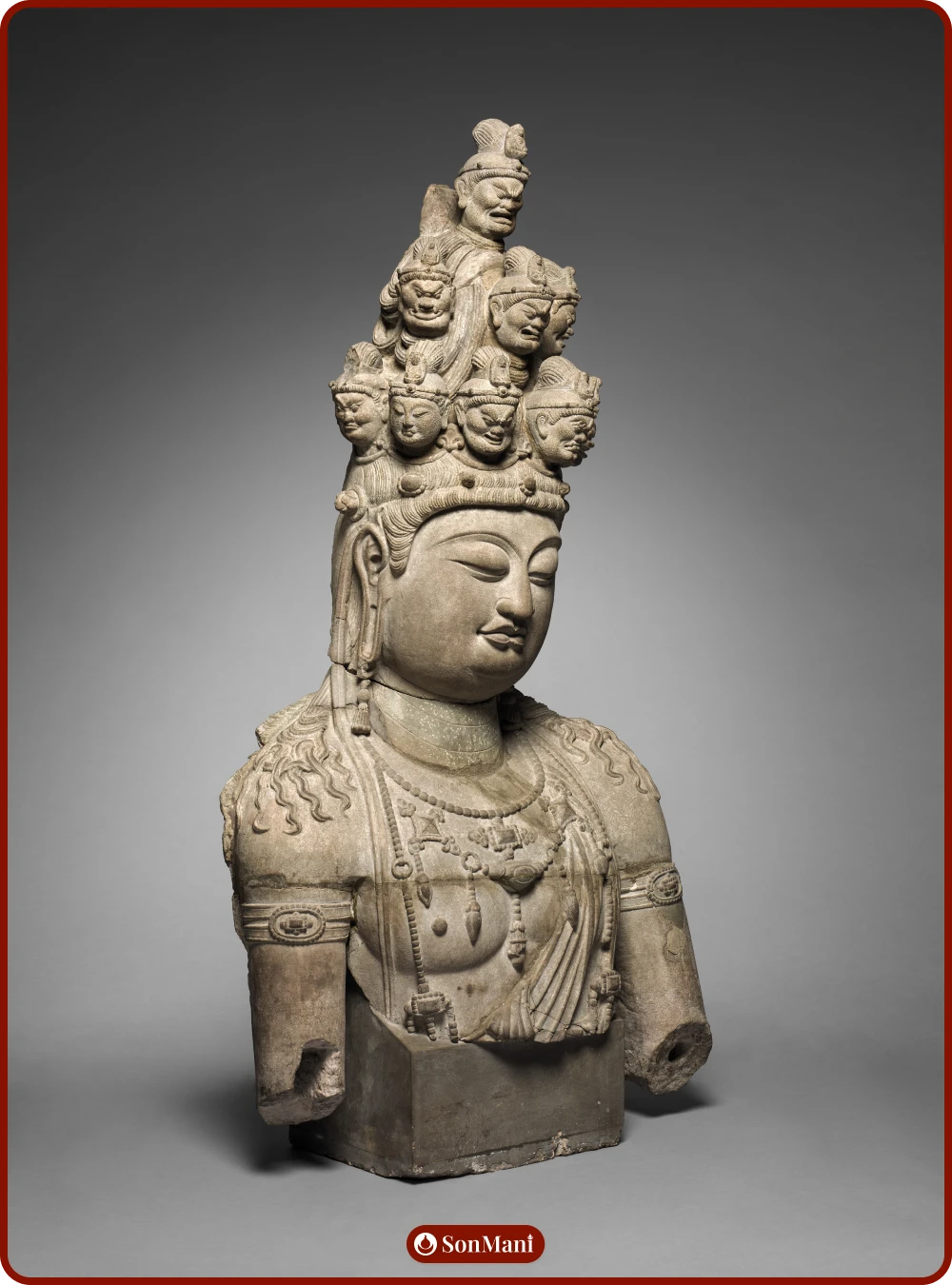 Gray sandstone statue of Eleven-Headed Guanyin (Ekadasamukha Avalokiteshvara), from China.