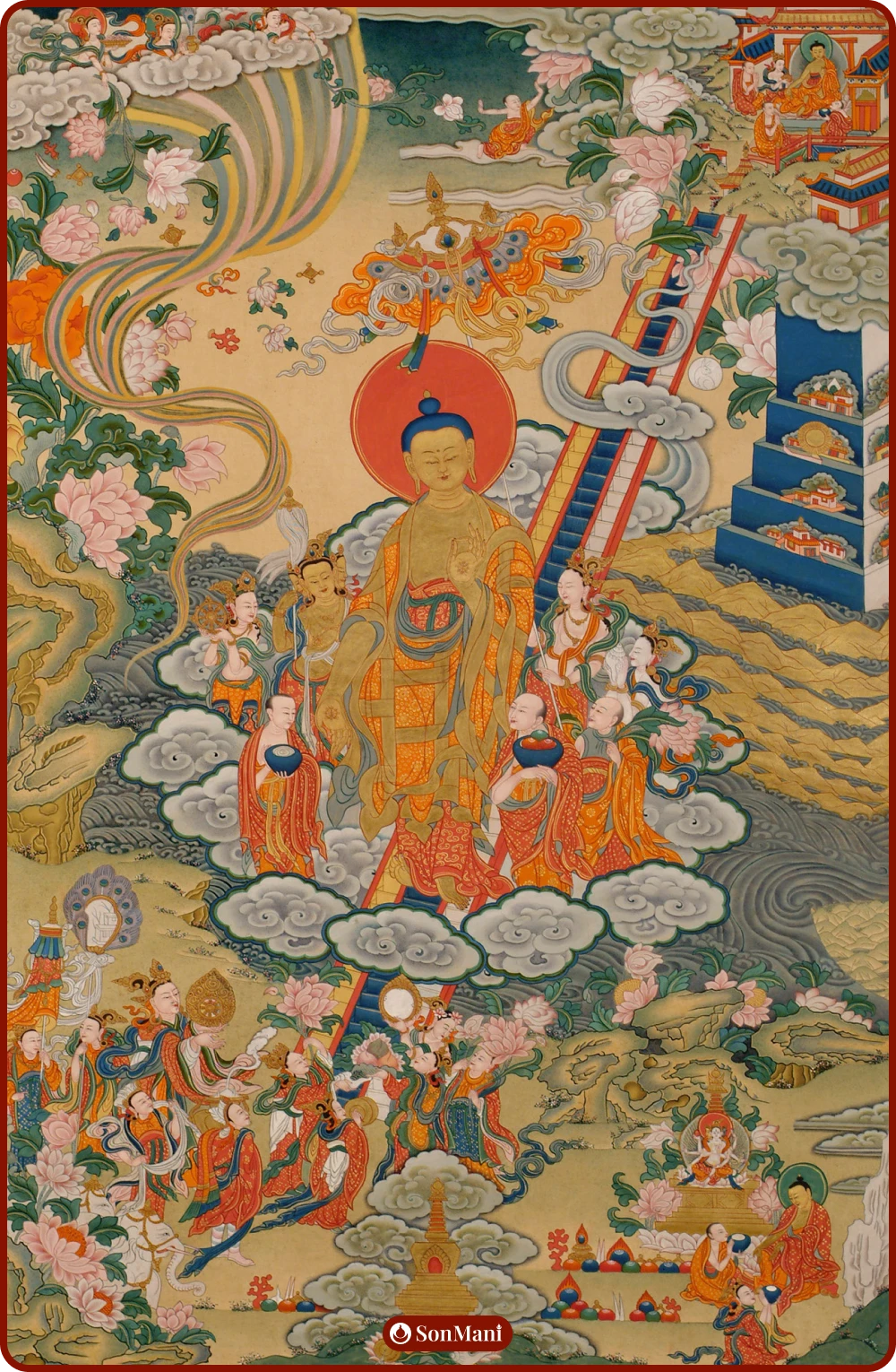 Thangka painting of Buddha descending from Tushita Heaven to guide beings on the path to enlightenment.
