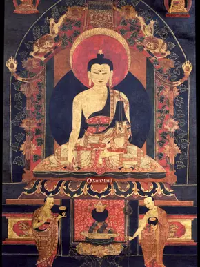 Shakyamuni Buddha and the two main disciples (Shariputra and Maudgalyayana).