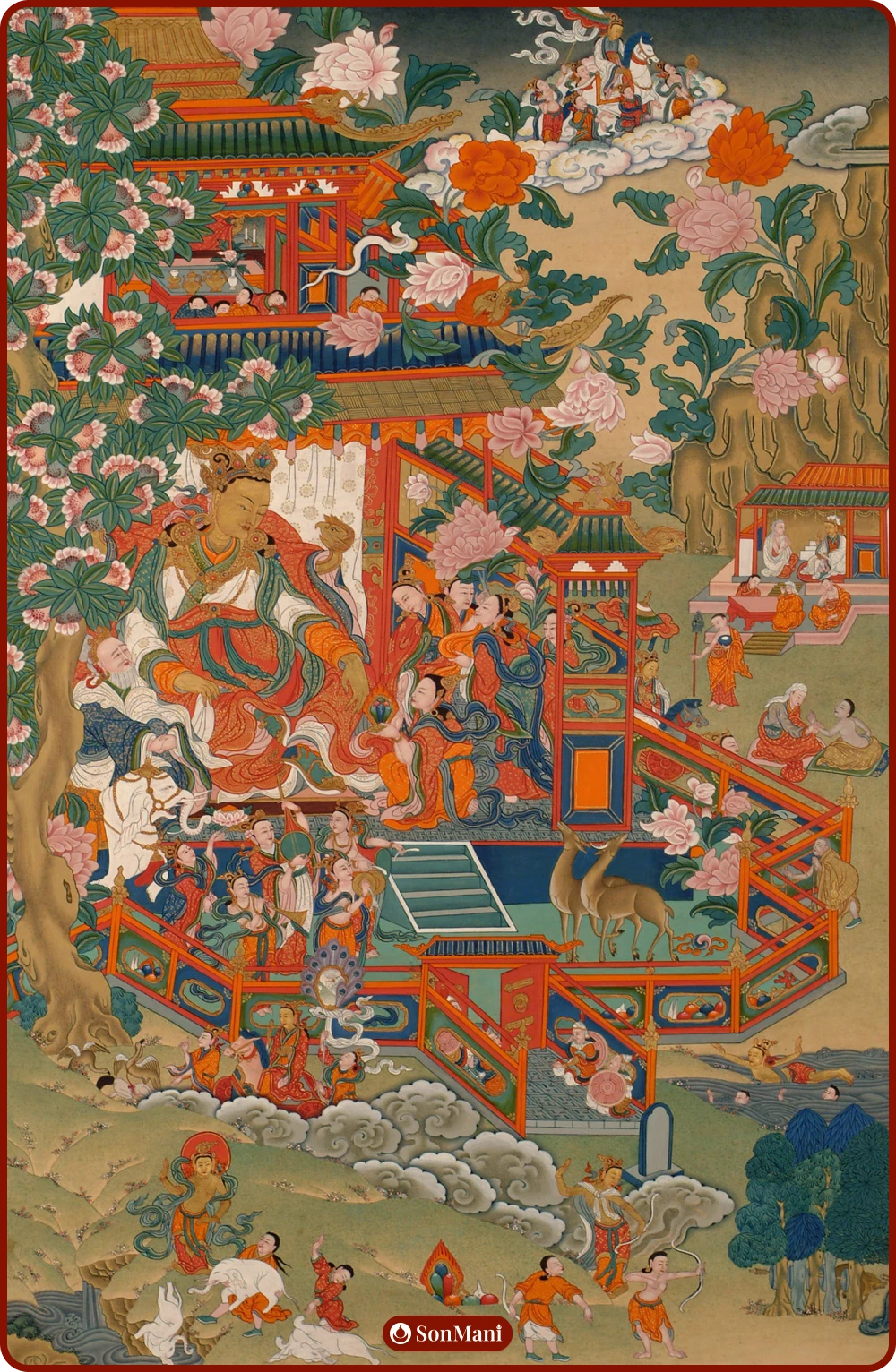 Thangka painting of Buddha’s early life as a prince, experiencing worldly pleasures and royal duties.