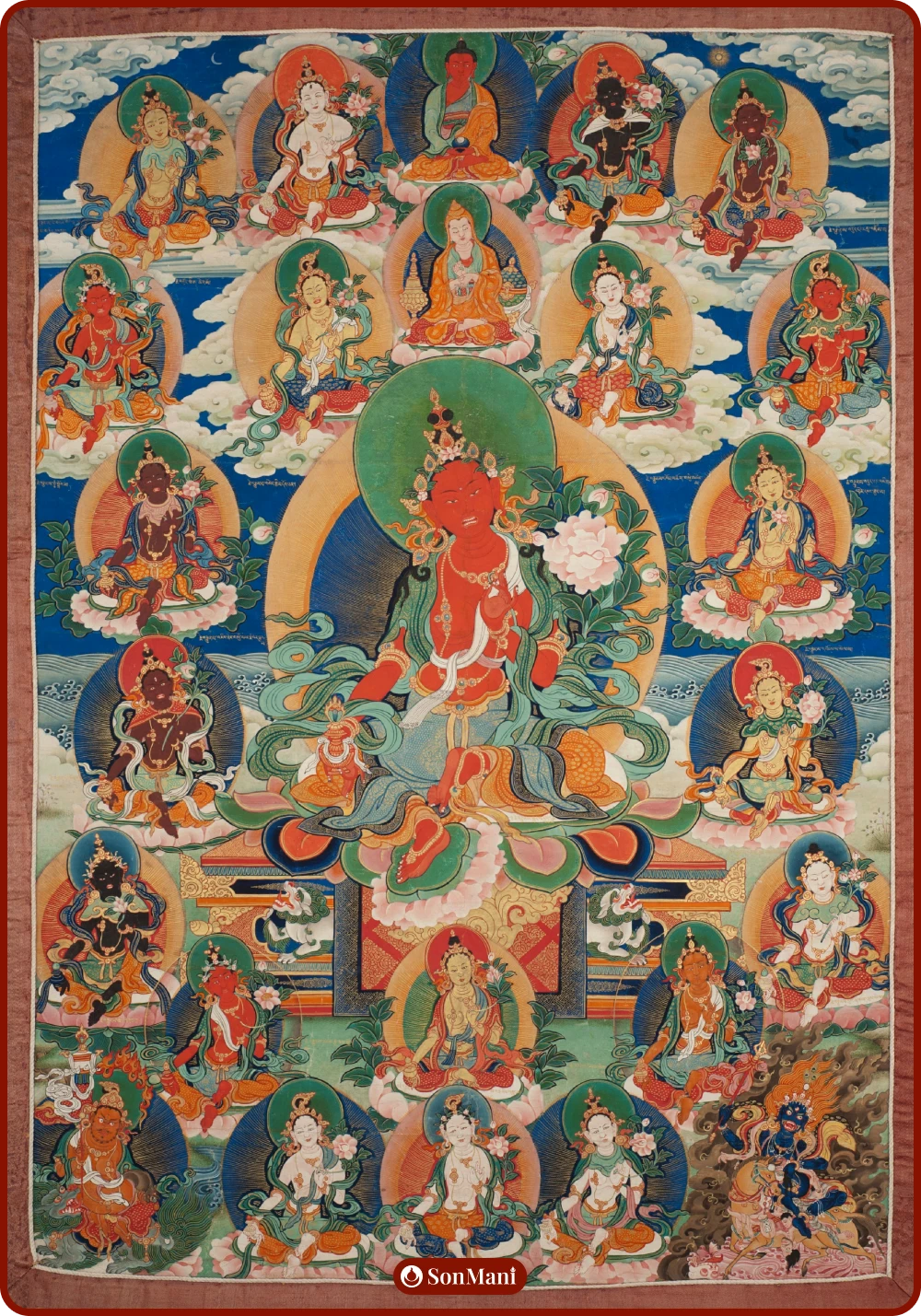 21 forms of Tara according to the Atisha (Gelug) tradition, painting on canvas.