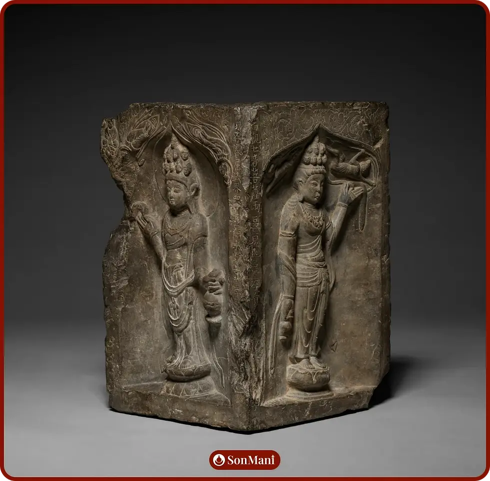 Corner Stone with Two Eleven-Headed Guanyin (Ekadasamukha Avalokiteshvara), from China.