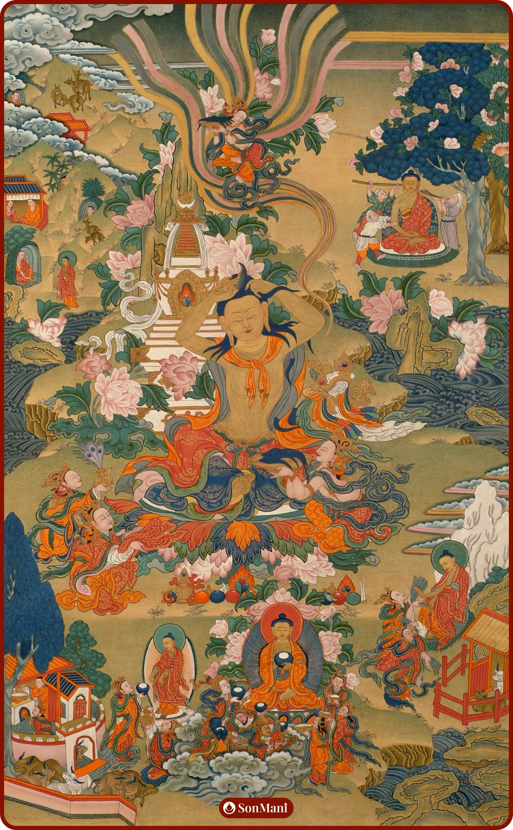 Thangka painting of Buddha’s renunciation, leaving palace life in search of spiritual awakening.