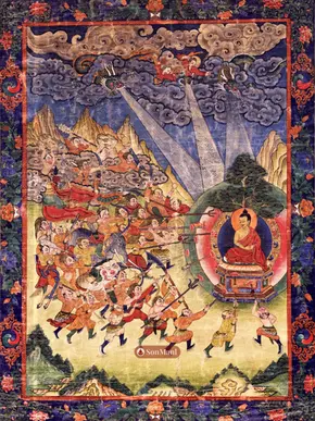 Thangka painting of Shakyamuni Buddha meditating under the bodhi tree, surrounded by the host of mara.