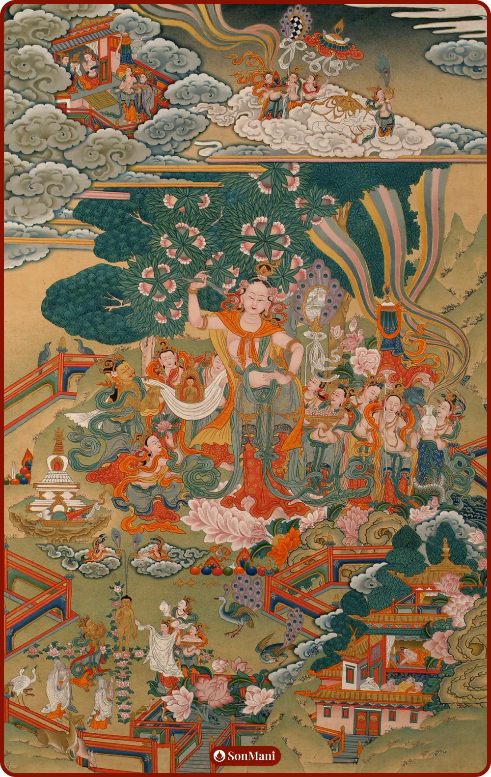 Thangka painting of Buddha being born.
