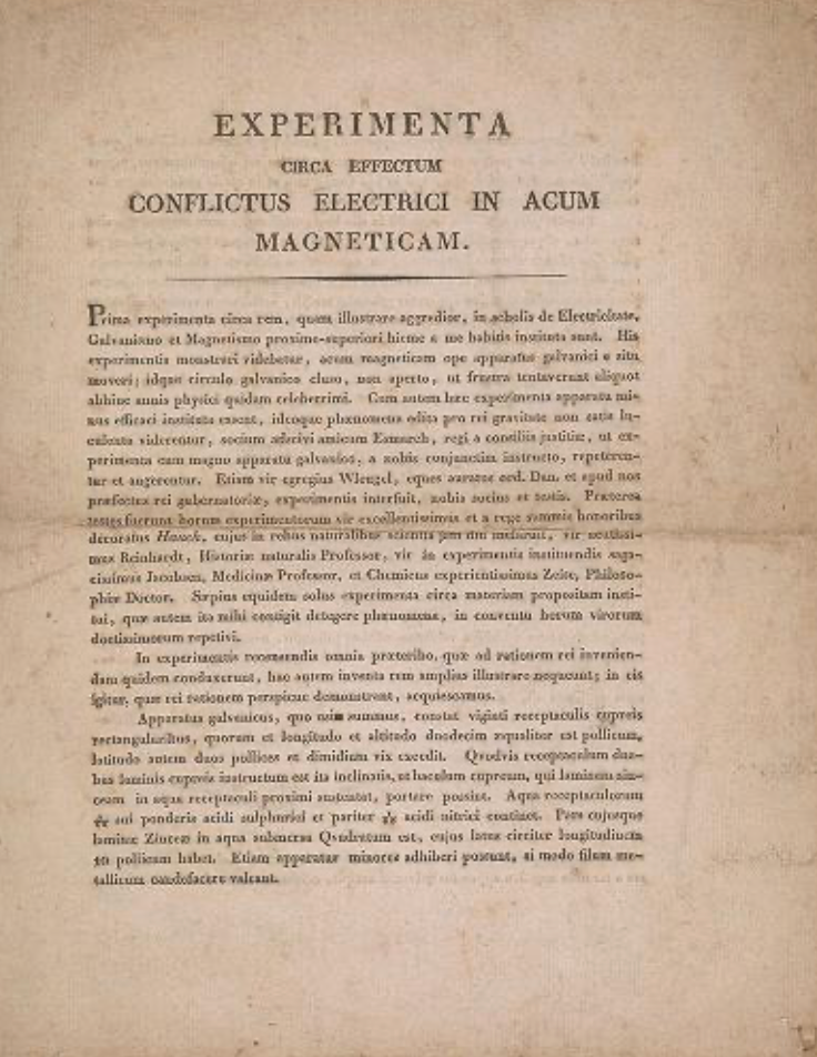 Титульна сторінка роботи Ганса Крістіана Ерстеда Experimenta circa effectum conflictus electrici in acum magneticam (1820)