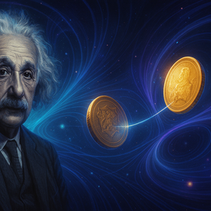 Айнштайн на фоні космосу з монетами