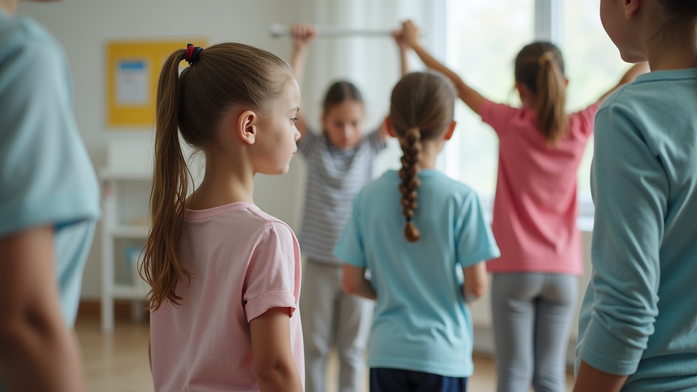 Eye-level view of a diverse group of children participating in a physical therapy session to manage scoliosis