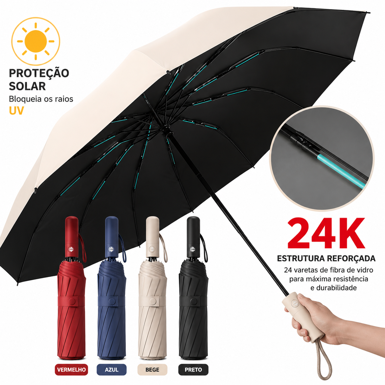 Guarda-Chuva Automático 24 Varetas Reforçado e Corta Vento