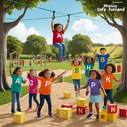 image of kindergarten kids playing outside in a countryside park called Phonics Funland pl