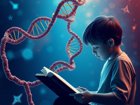 A child reading as genetic material swirls around him
