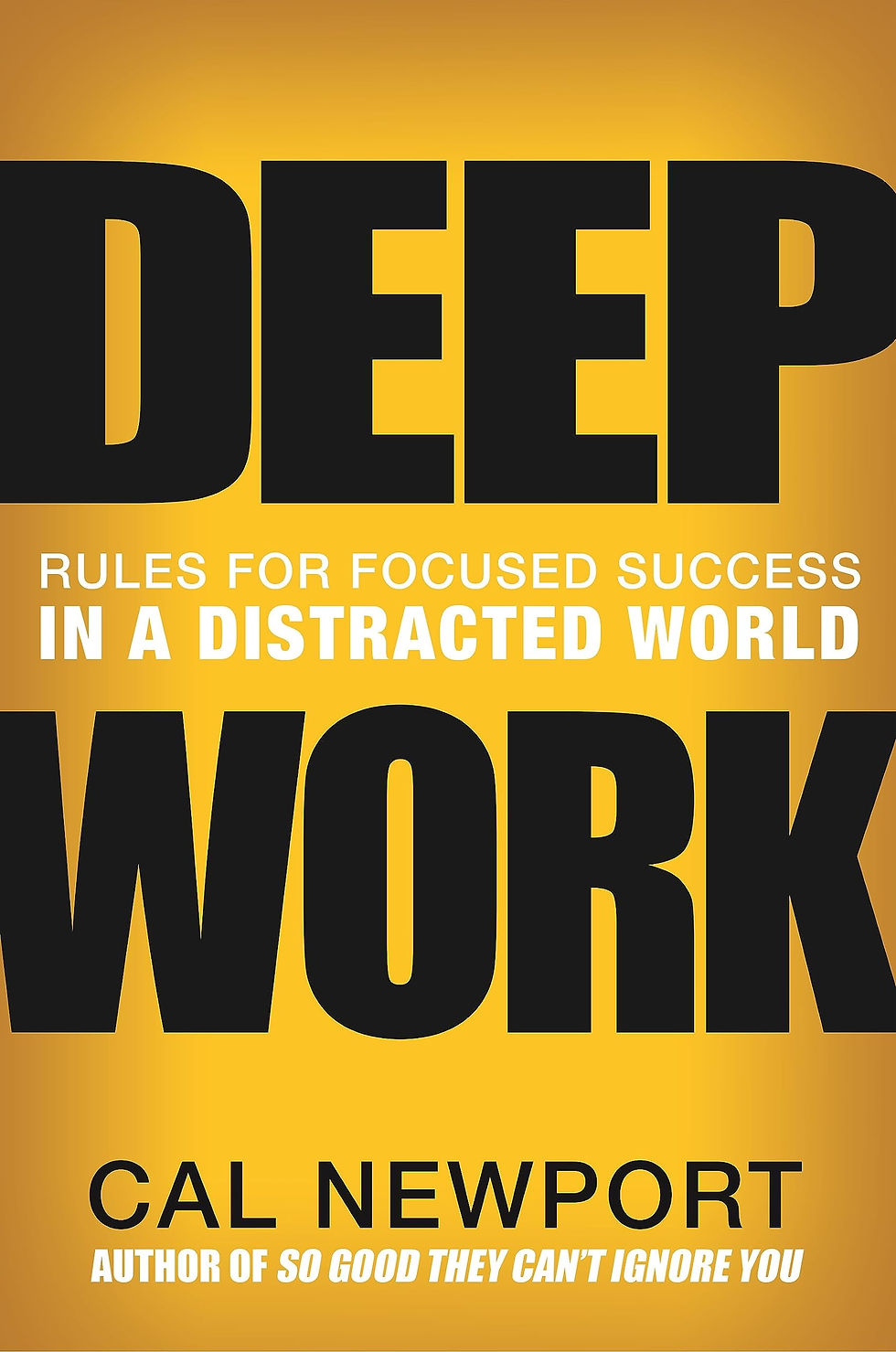 Yellow book cover with bold black text "Deep Work" and subtitle "Rules for Focused Success in a Distracted World" by Cal Newport.