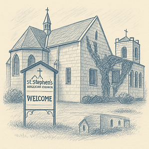 This is a drawing of St. Stephen's Anglican Chruch in Calgary. The sign out front says "All are Welcome"