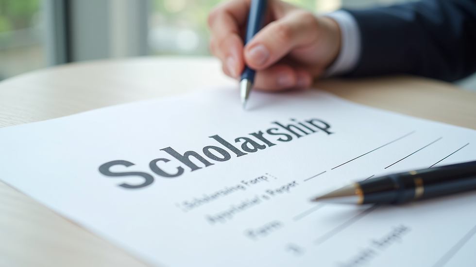 Close-up view of a scholarship application form and pen