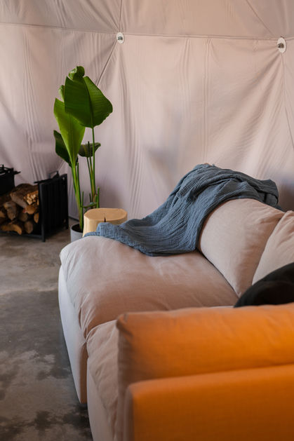 Coin salon confortable avec canapé, bois de chauffage et plante dans notre dôme à Charlevoix