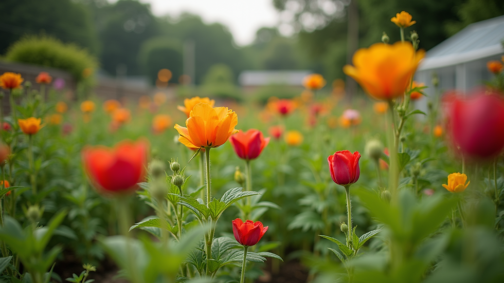 Eye-level view of a community garden with vibrant flowers and vegetables