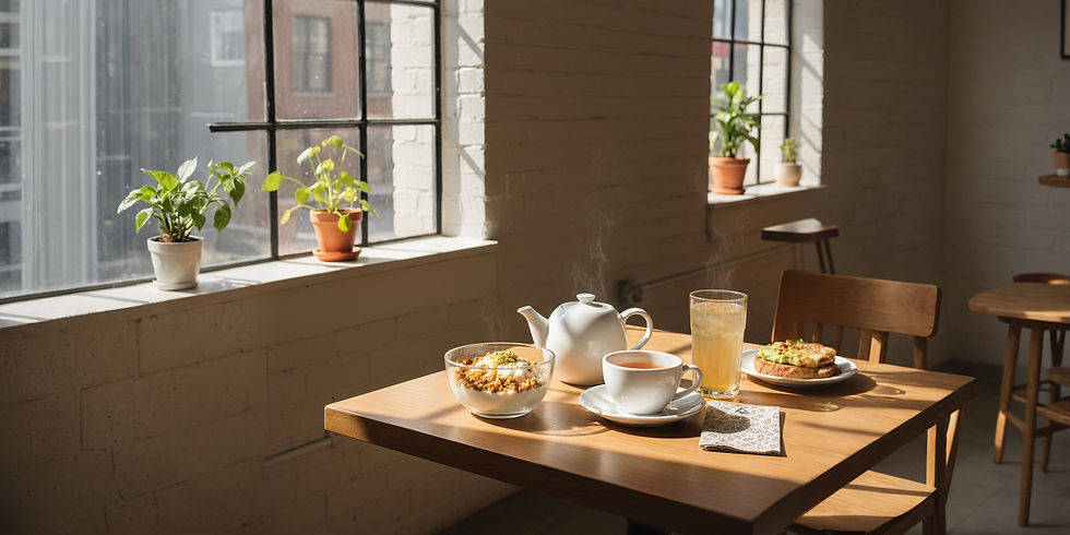A cozy urban café setting with sunlight streaming through the window, showcasing a breakfast spread of tea, granola bowl, and toast with avocado, surrounded by potted plants.
