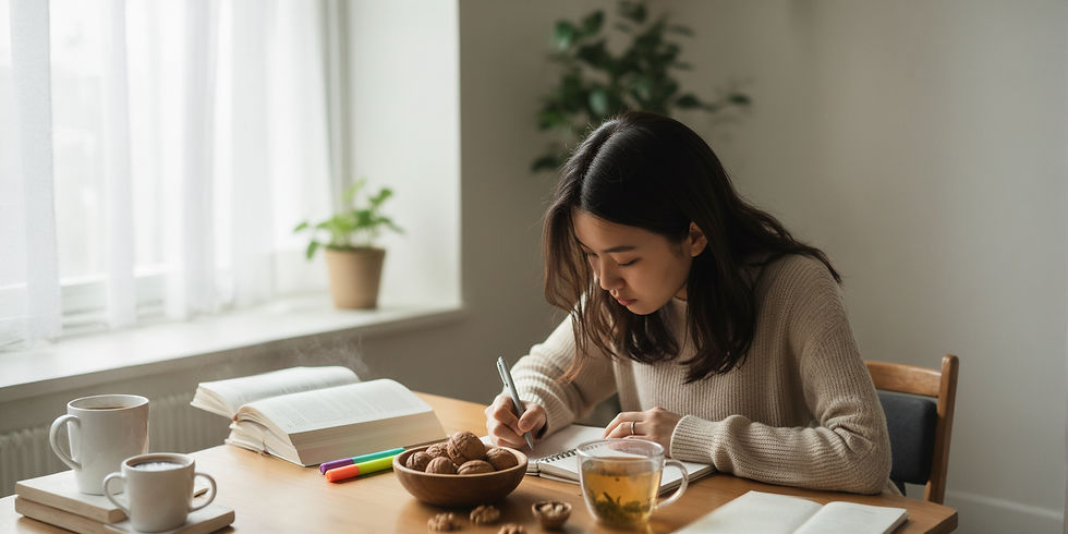 A woman sits at a cozy, sunlit table, deeply focused on her studies with a steaming cup of tea, an open book, and a bowl of walnuts.