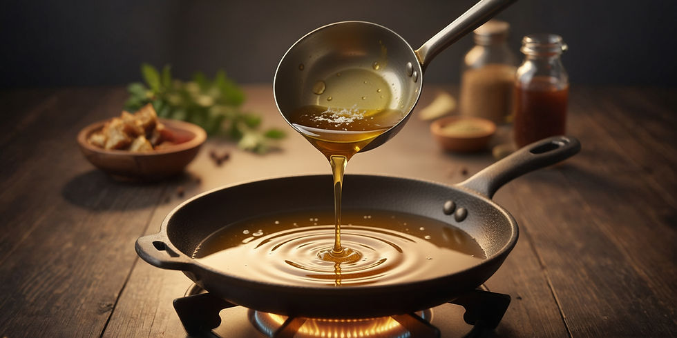 A ladle pours golden oil into a heated pan, creating ripples, as fresh ingredients and spices await in the background, setting the stage for a flavorful culinary creation.