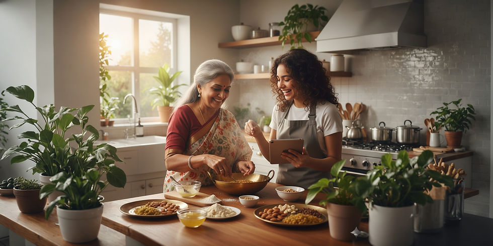 A woman and her grandma joyfully bond in a sunlit kitchen, following a recipe on a tablet as they cook together amidst a variety of ingredients and lush plants.