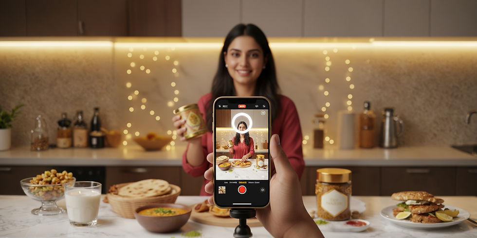 A woman confidently showcases her cooking skills in a beautifully lit kitchen, capturing the moment on a smartphone. Surrounded by delicious homemade dishes, she presents a jar of spices, ready to share her recipe with the world.