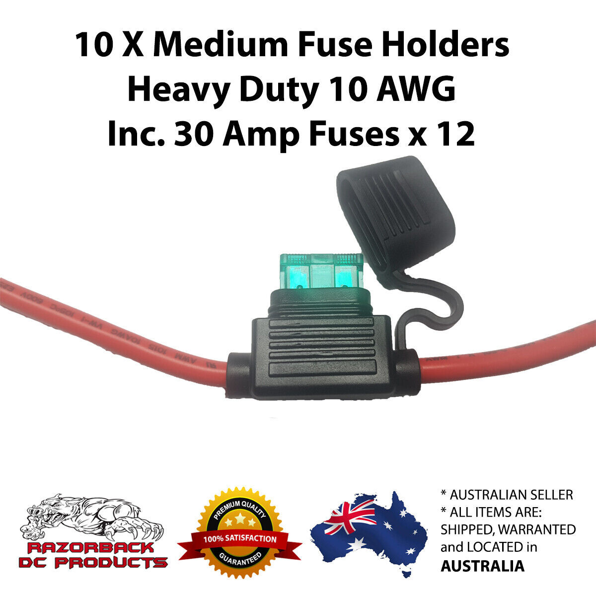 10x Inline Blade Fuse Holder - 30 AMP Heavy Duty 10AWG Wire Inc Free 12x30A Fuse