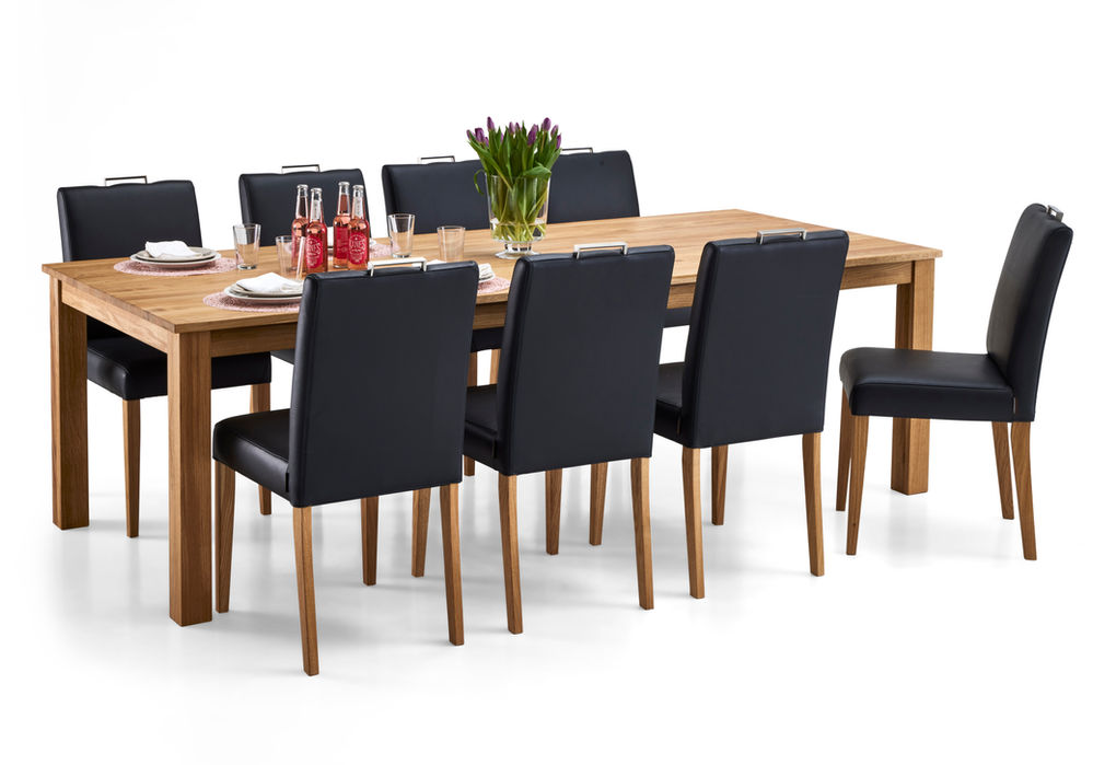 Aava ruokapoyta 100x240cm ja Säde ruokatuoli, Väri: Öljytty tammi, ruokatuolin verhoilu:  Labrador 06 -nahka