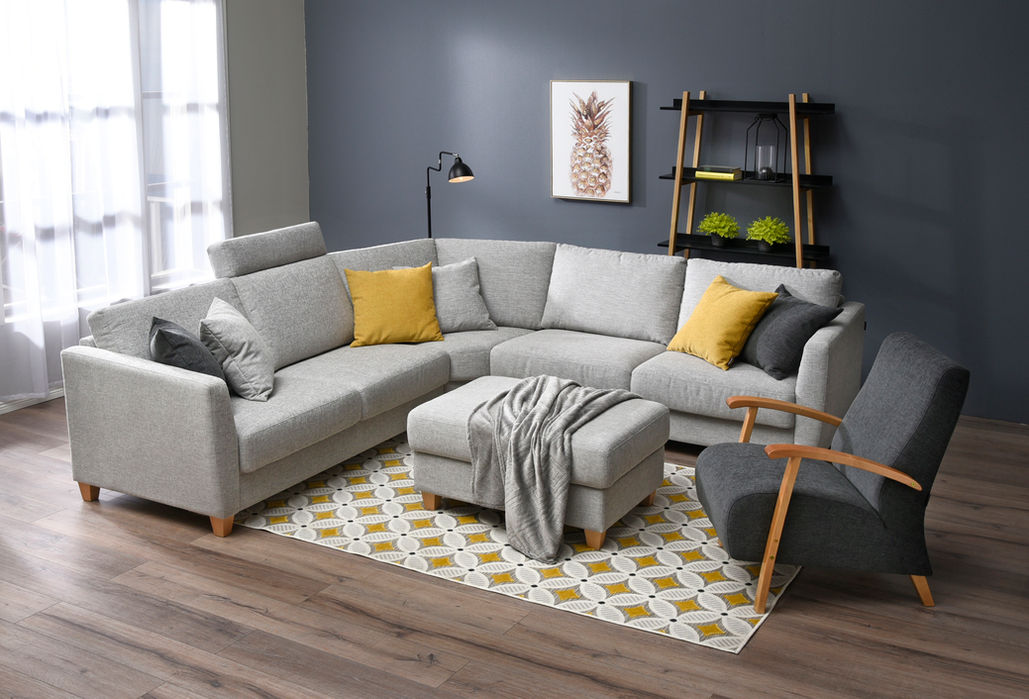 Multico kulmasohva, Multico rahi ja Viivi lepotuoli, Verhoilu: Clever 173 ja 515 -kangas, Jalat: 104/9 LV