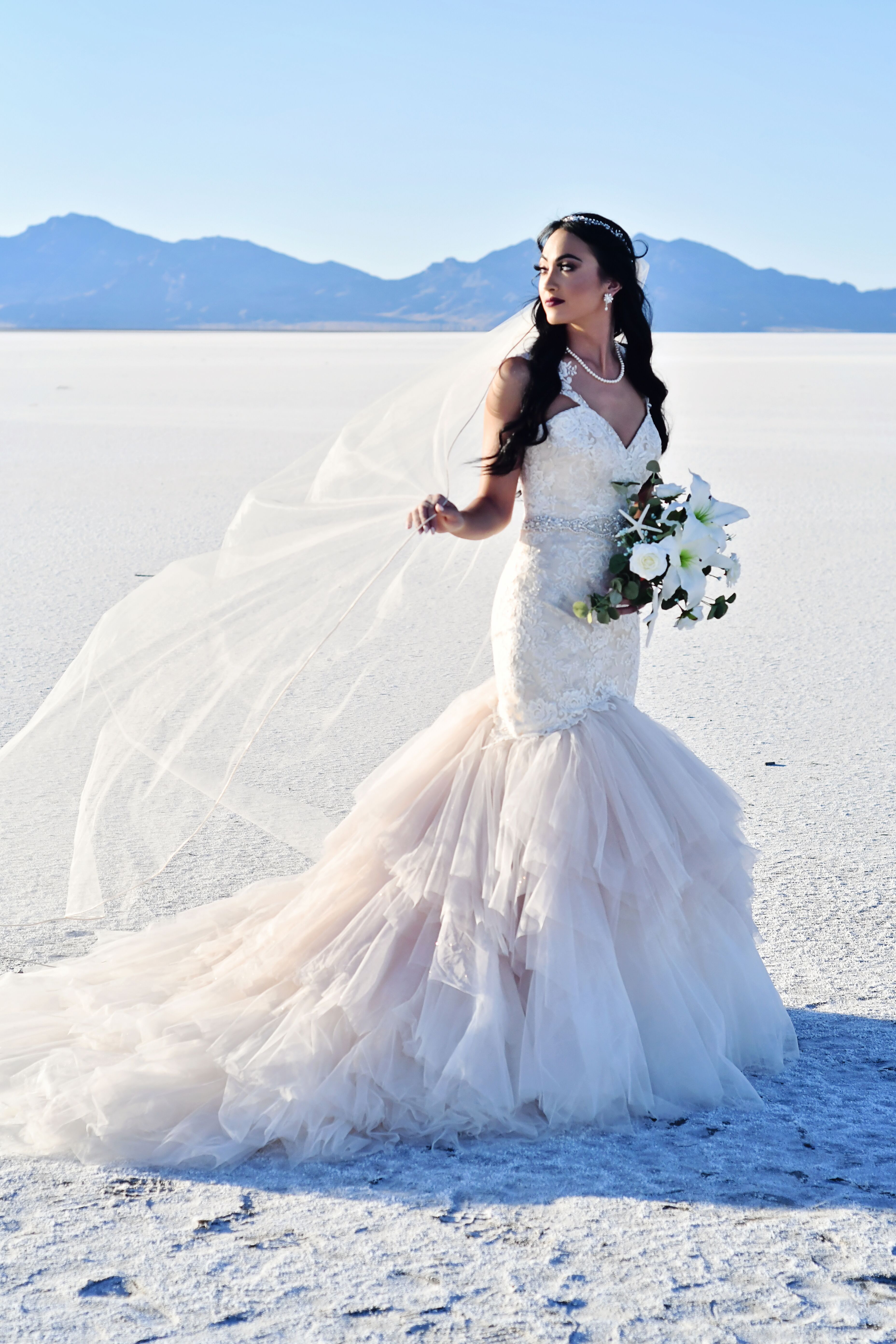 Brunette Bride on Salt Flats