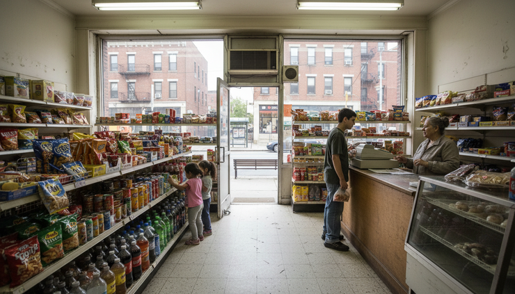 Wide-angle view of a small neighborhood corner store with mostly packaged snacks and drinks near the front shelves.