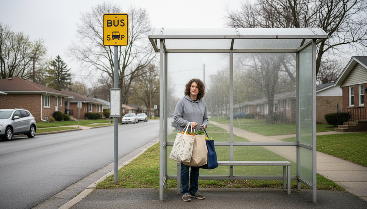 Eye-level view of a person carrying grocery bags while waiting near a quiet bus stop on a residential street.