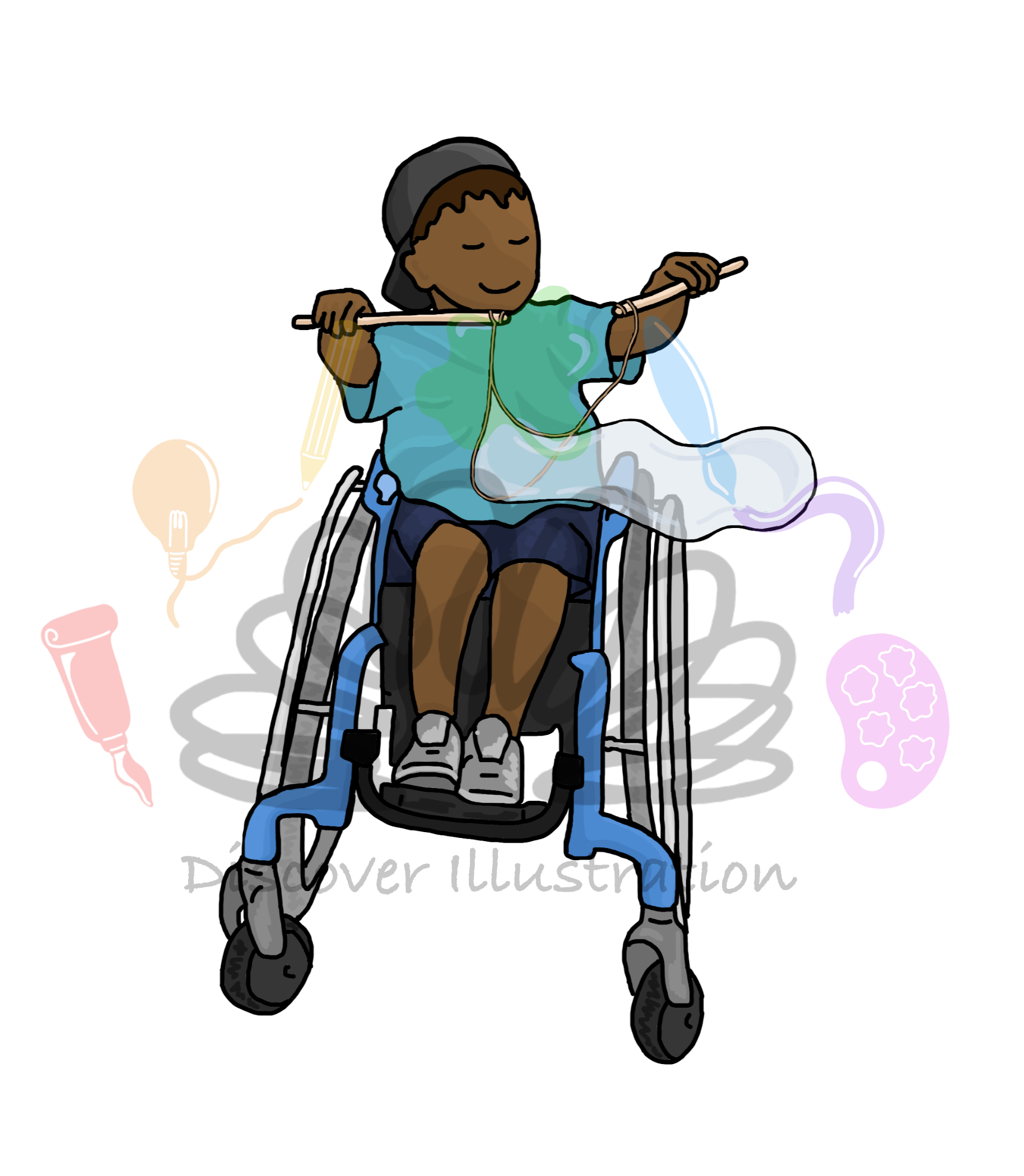 Boy in wheelchair making bubbles