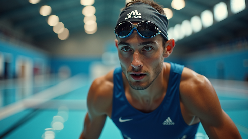 Eye-level view of a focused athlete preparing for a competition