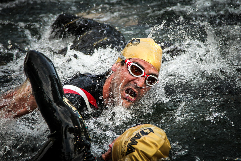 Mature male triathlete swimmers in open water sea swim race