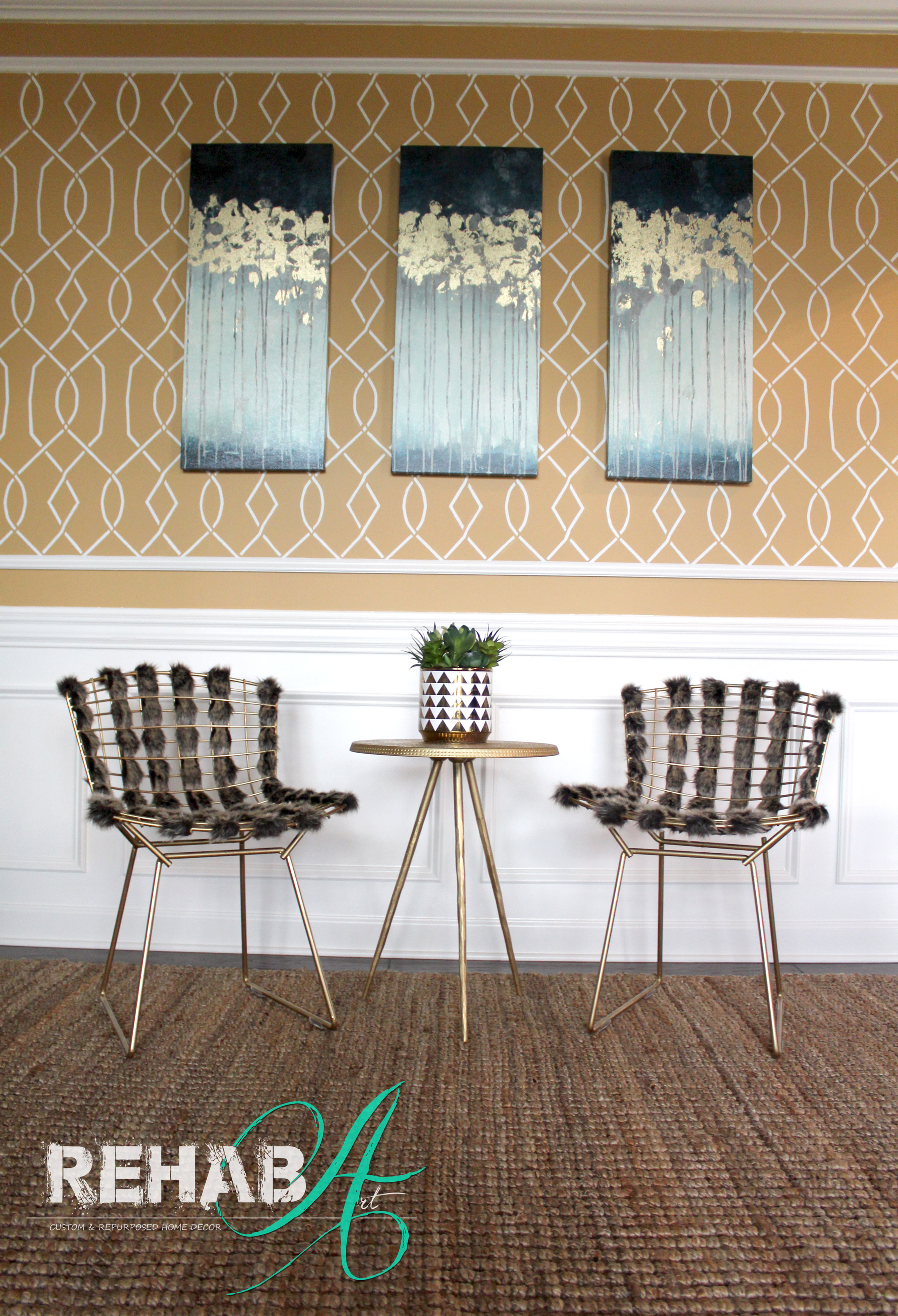 "Bertoia" Style Gold Wire Fur Side Chairs Set of 2