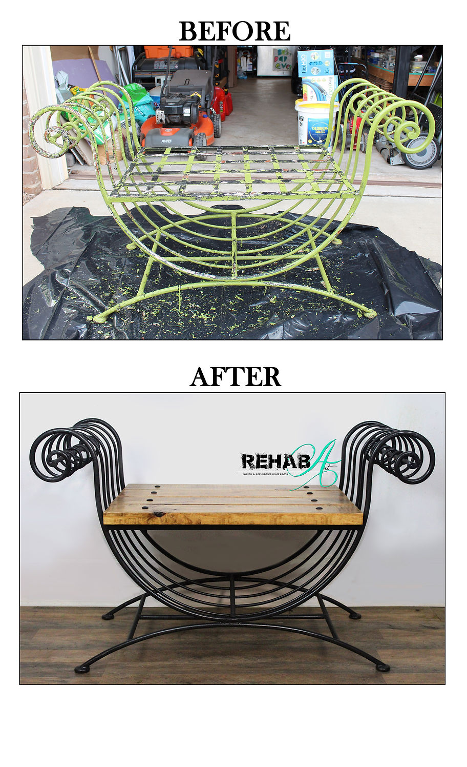 Wrought iron SAWG bench before and after
