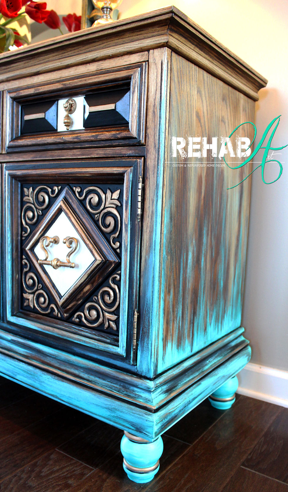 Thumbnail: Aqua Dipped Carved Scroll Credenza