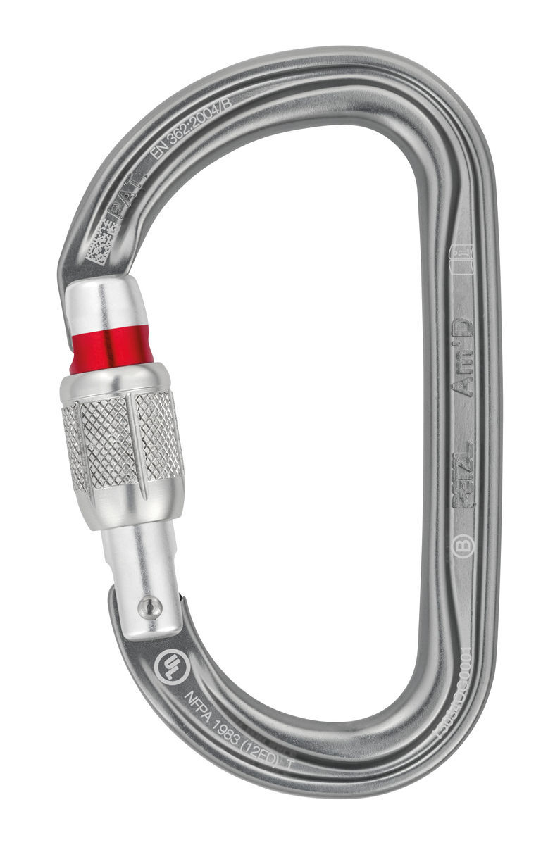 Am’D, D-shaped locking carabiner for attaching devices to a harness