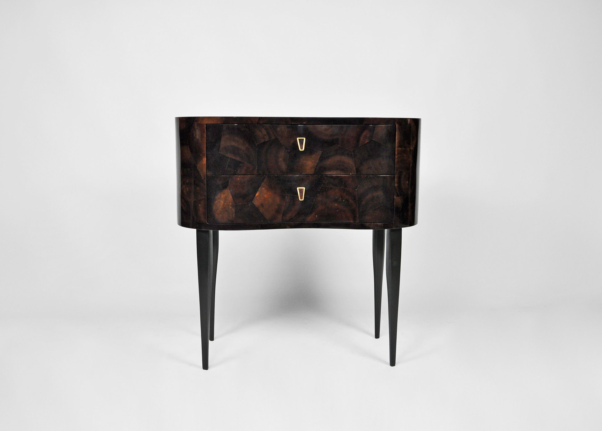 bean shaped bedside table with 2 drawers, in brown mother of pearl