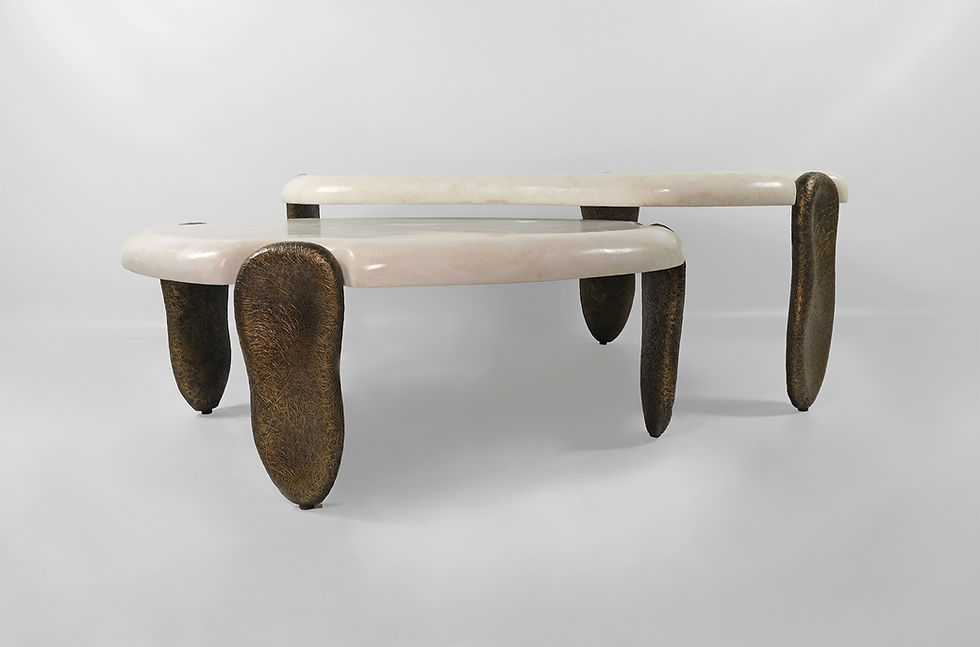 Miniature : set of two coffee table in rock crystal with bronzed fiber legs