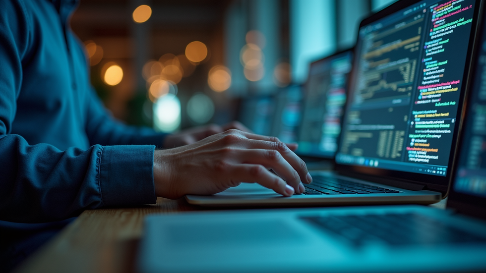 Eye-level view of a software engineer working on a laptop