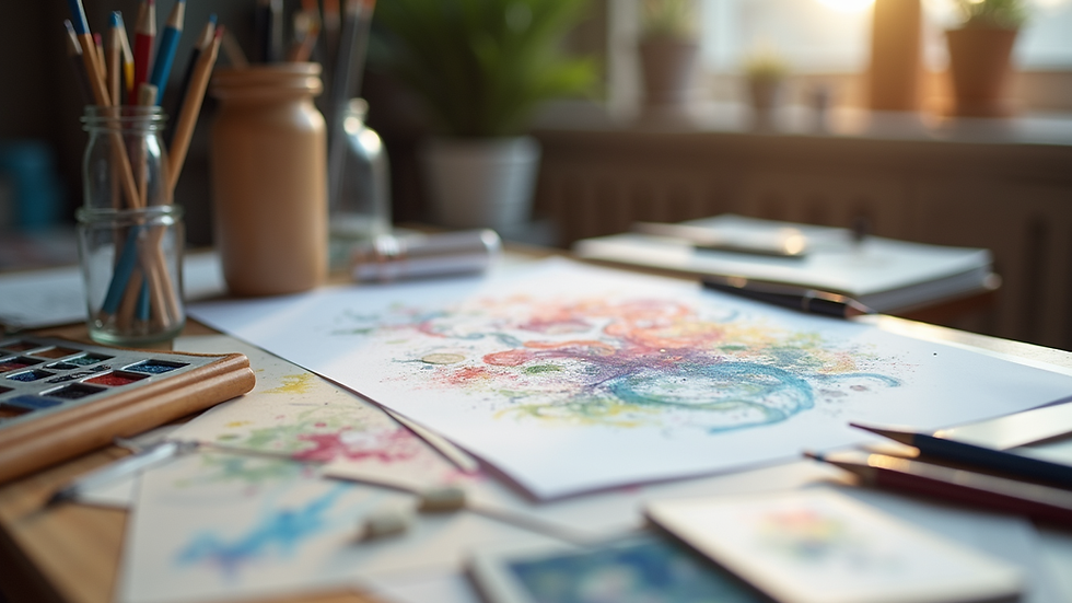Close-up view of a creative workspace with art supplies and sketches