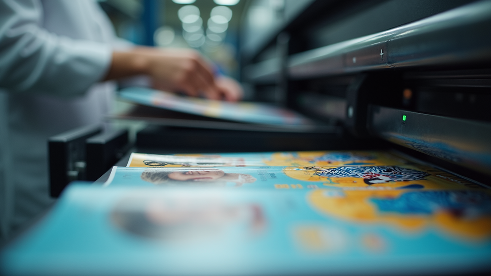 Close-up view of a printing press producing colorful brochures