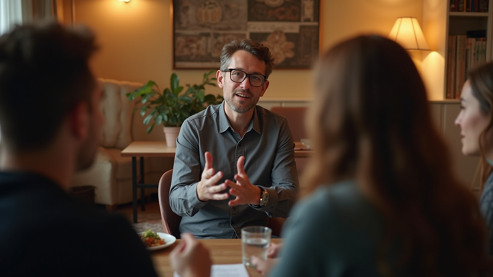 Eye-level view of a person speaking to a small group in a cozy setting