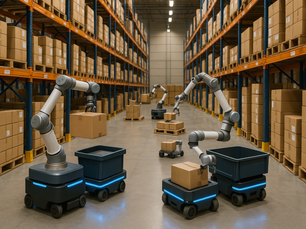 A high-resolution digital photograph of a modern warehouse with tall shelves stacked with cardboard boxes. Several collaborative robots (cobots) equipped with robotic arms are actively moving and lifting boxes. The cobots are mounted on wheeled bases and illuminated with blue LED lights. The warehouse is brightly lit with industrial overhead lighting, and the floor is clean and polished.