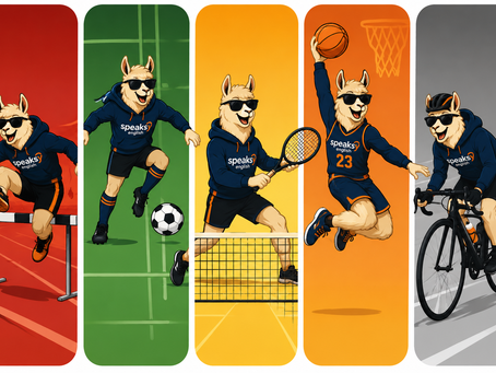 Deportes en inglés representados por la mascota Speaksy practicando fútbol, atletismo, tenis, baloncesto y ciclismo.